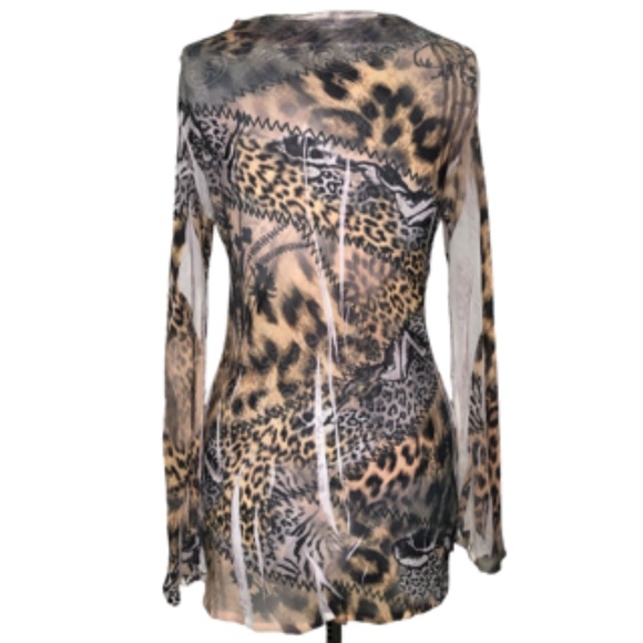 No Brand Tags Sheer Animal Print Bell Shape Sleeve Scoop Neck Tunic Size L - Picture 4 of 4